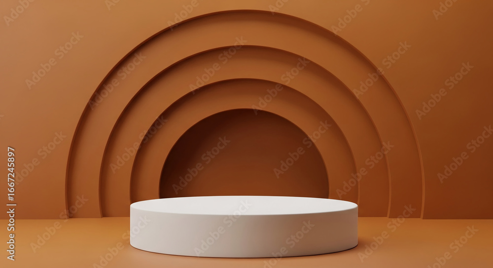 Poster white cylindrical podium on brown background with concentric arched recesses, creating a minimalist 