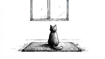 Cat sits on rug, gazing out window. Ink sketch, simple, minimalist