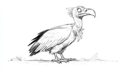 Obraz premium Cartoon vulture standing, thin neck, feathery, big beak, sketched on white