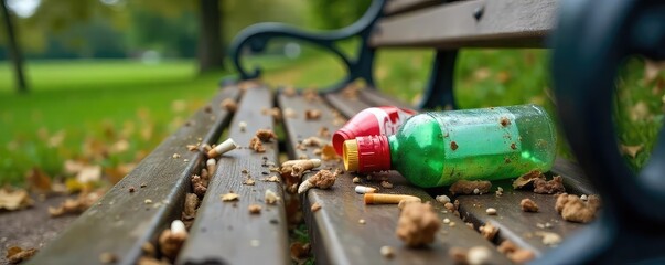 Close-up shot of discarded fast food wrappers, plastic bottles, and cigarette butts littering a scenic park bench Environmental pollution and irresponsible disposal are evident , junk, messy