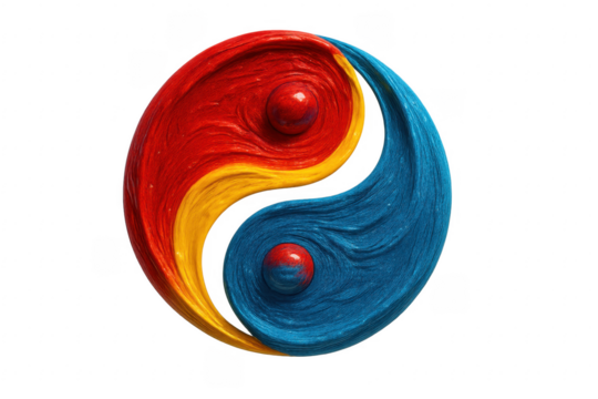 Colorful yin and yang symbol blending swirling paint on transparent background