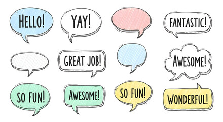 Colorful speech-bubble stickers with cheerful words like "Hello", "Yay", "Awesome", "Great", "Let's Go", "Fantastic", "Idea", "Hooray" — hand-drawn comic-style dialog balloons in assorted bright color
