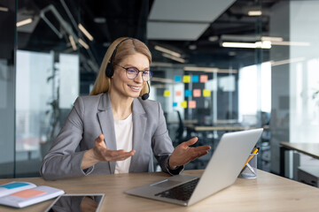 Businesswoman having a virtual meeting in a modern office environment
