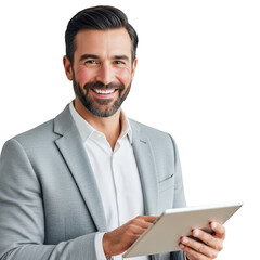 Smiling businessman confidently using a tablet device for business and technology solutions transparent background