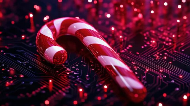 Red candy cane on computer circuit board with electronic lights in background