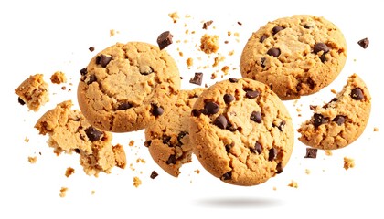 Chocolate Chip Cookies Flying Through the Air with Crumbs Scattering.