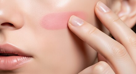 Fingers blending pink blush on cheek. Macro beauty closeup. Makeup application and cosmetics concept. Image for banner, poster, wallpaper and advertisement