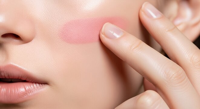 Fingers blending pink blush on cheek. Macro beauty closeup. Makeup application and cosmetics concept. Image for banner, poster, wallpaper and advertisement