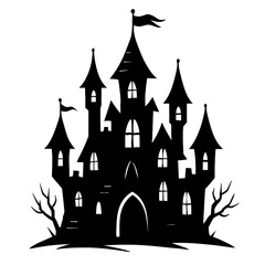 A majestic haunted castle silhouette with tall spires and flags, a classic fantasy or fairy tale illustration.