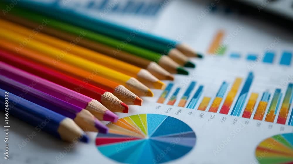 Poster vibrant pencils arranged in a triangle over a financial report with bold bar graphs and pie charts, 