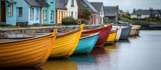 Fototapeta premium Colorful Rowboats Moored at Quayside Reflecting in Calm Water, Ireland