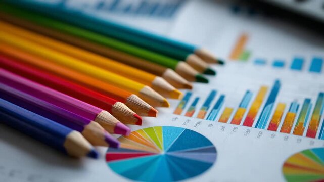 Vibrant pencils arranged in a triangle over a financial report with bold bar graphs and pie charts, set against a tidy desk for a serene, analytical vibe.