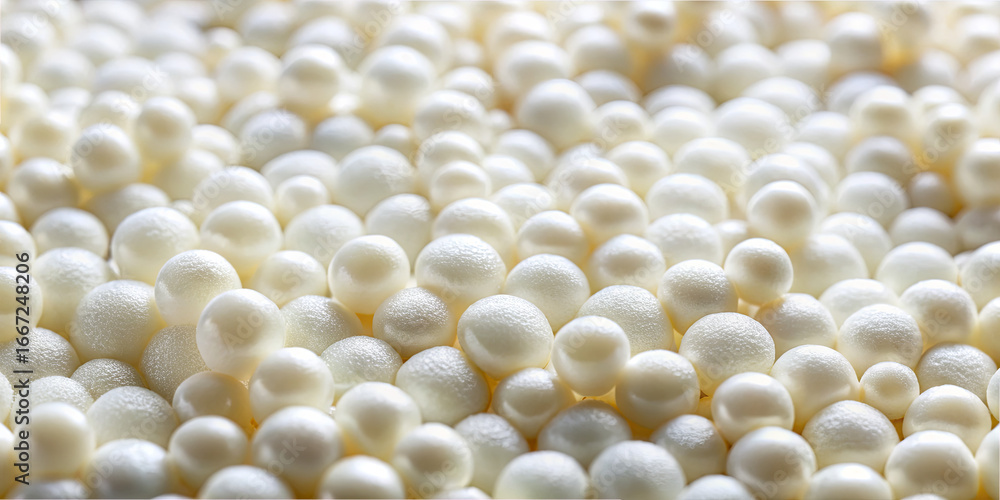 Aufkleber small spherical objects cover a surface, creating an intricate pattern. the white shapes catch the l