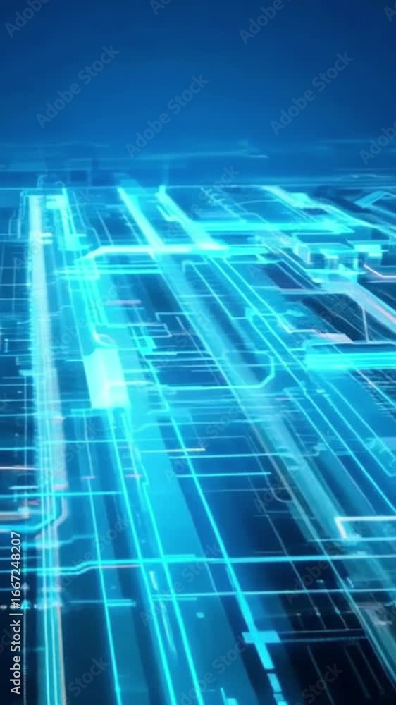 Poster futuristic digital circuit board animation with glowing blue lines and grid patterns on advanced tec