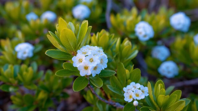 A serene garden scene featuring a spirea shrub adorned with clusters of tiny white flowers and vibrant green leaves swaying gently in the summer breeze.
