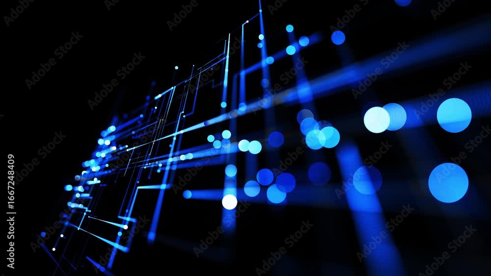 Poster running lights, glowing particles. abstract looped background as technological concept with many blu