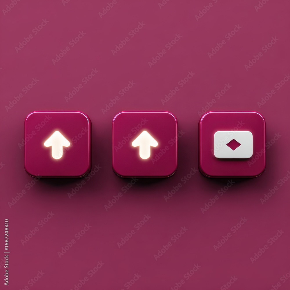 Poster three square buttons with icons on a deep magenta background