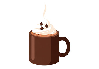 A stylized illustration of a mug of hot chocolate topped with whipped cream and chocolate chips, emitting steam.