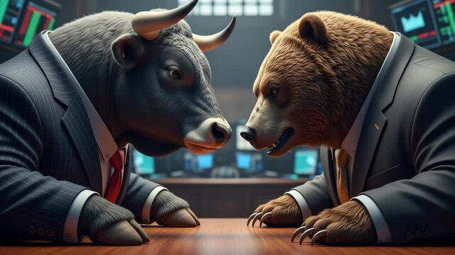 A powerful metaphor for the stock market shows a bull and a bear in business suits facing off aggressively in a boardroom representing a bull versus bear market