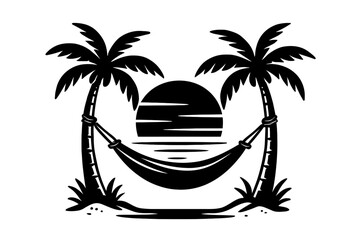 Fototapeta premium Relaxing Hammock Between Palm Trees on a Tropical Beach Sunset Vector Illustration