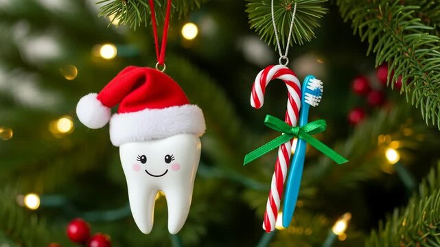 Two cute and funny dentist themed ornaments a smiling tooth with a santa hat and a toothbrush with a candy cane hang on a festive christmas tree