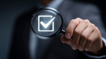 Hand holding magnifier over checkbox, examining agreement, against dark background for verification