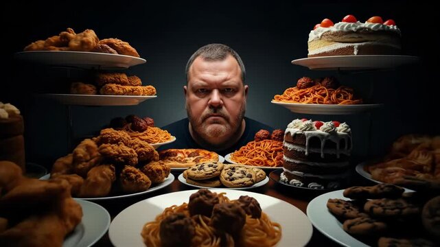 A sad and overweight man is surrounded by a massive feast of unhealthy junk food like fried chicken pizza and cake representing the struggle with overeating and obesity