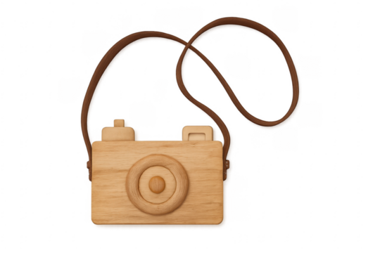 Wooden toy camera with leather strap on transparent background