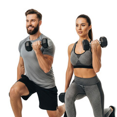 Fit couple strength training together performing dumbbell lunges for a healthy lifestyle transparent background