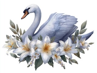 Fototapeta premium Elegant white swan with lilies and leaves, watercolor style illustration