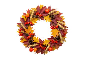 A circular autumn wreath composed of vibrant fall foliage, small gourds, berries, and pinecones, set against a striking black backdrop.