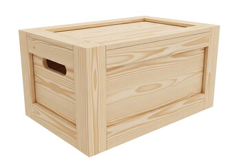 A light beige wooden crate with a lid and a handle sits on a black background.
