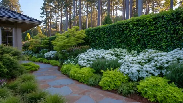 Experience a breathtaking garden park with radiant white spirea blooms, lush greenery, and a scenic pathway framed by vibrant summer hues.