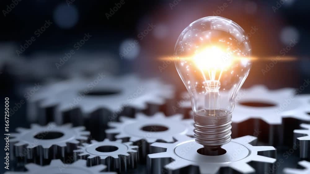 Poster a radiant lightbulb amidst interlocking silver gears on a dark gradient backdrop symbolizes innovati