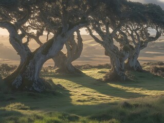 Majestic Ancient Trees in Golden Hour Sunlight