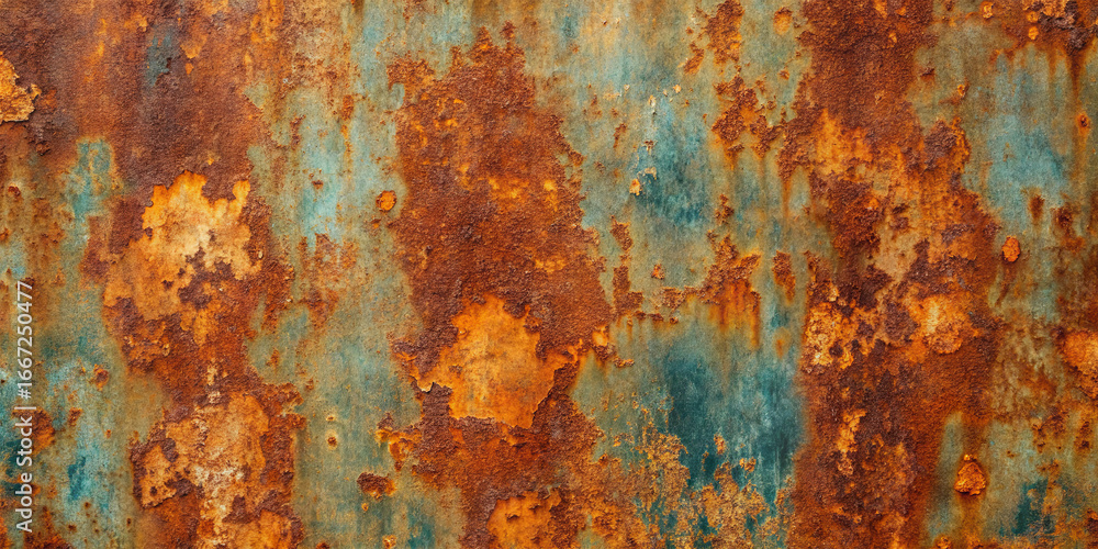 Aufkleber A close-up view of a textured metal surface covered in rust shows a blend of orange and blue hues. The vivid color variation highlights the intricate patterns formed over time