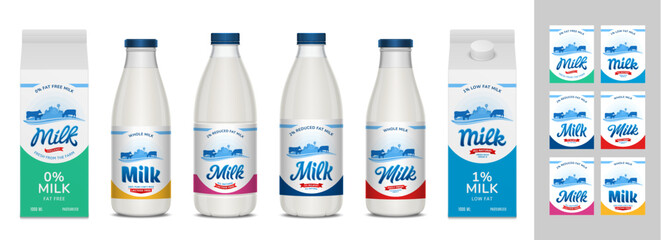 Vector milk labels and milk containers