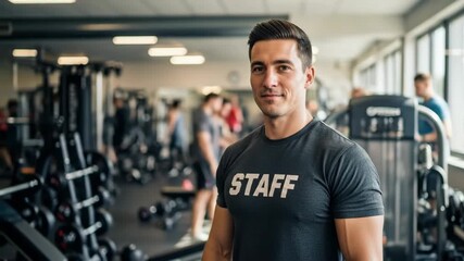 A friendly and professional personal trainer or gym staff member with a muscular build smiles confidently in a modern and well equipped fitness center ready to help clients