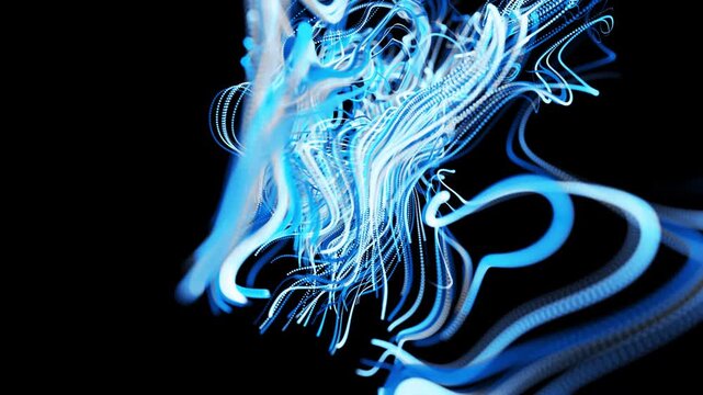 A visually striking depiction of a neural network's inner workings. The animation features a calming blue background, dynamic light trails, and complex swirling patterns.
