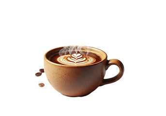 A steaming cup of latte art, showcasing a delicate leaf pattern on the rich coffee drink.