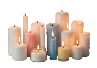 A collection of various cylindrical candles in pastel hues, with warm, flickering flames, against a dark background.