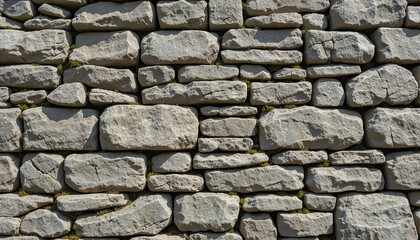 Fototapeta premium Rugged stones are stacked together to form a strong wall. Natural moss peeks through the gaps, highlighting the beauty of nature's materials in bright daylight