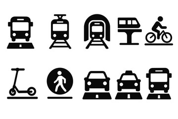 Transportation, travel silhouette icon set. public transit, vehicle icons collection