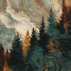 Abstract Mountain Landscape with Pine Trees and Colors