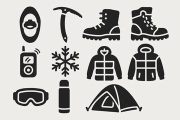 Outdoor adventure solid icon set. hiking, camping essentials in solid style