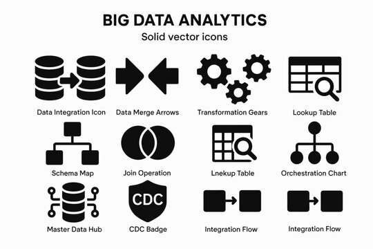 Data analytics icon set. solid style icons for integration and transformation tasks