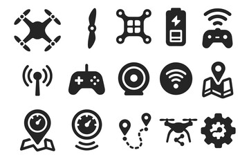 Drone, gps solid icon set. quadcopters, navigation devices in solid style