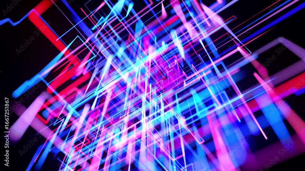 Poster 4k sci-fi motion graphics: abstract neural network visualization with vibrant neon lines and deep de