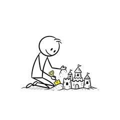 Fototapeta premium A stick figure building a sandcastle on the beach. 