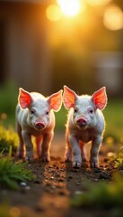 Small piglets explore a sunlit farmyard at dawn Gentle light illuminates their pink skin , pink, happy, nature